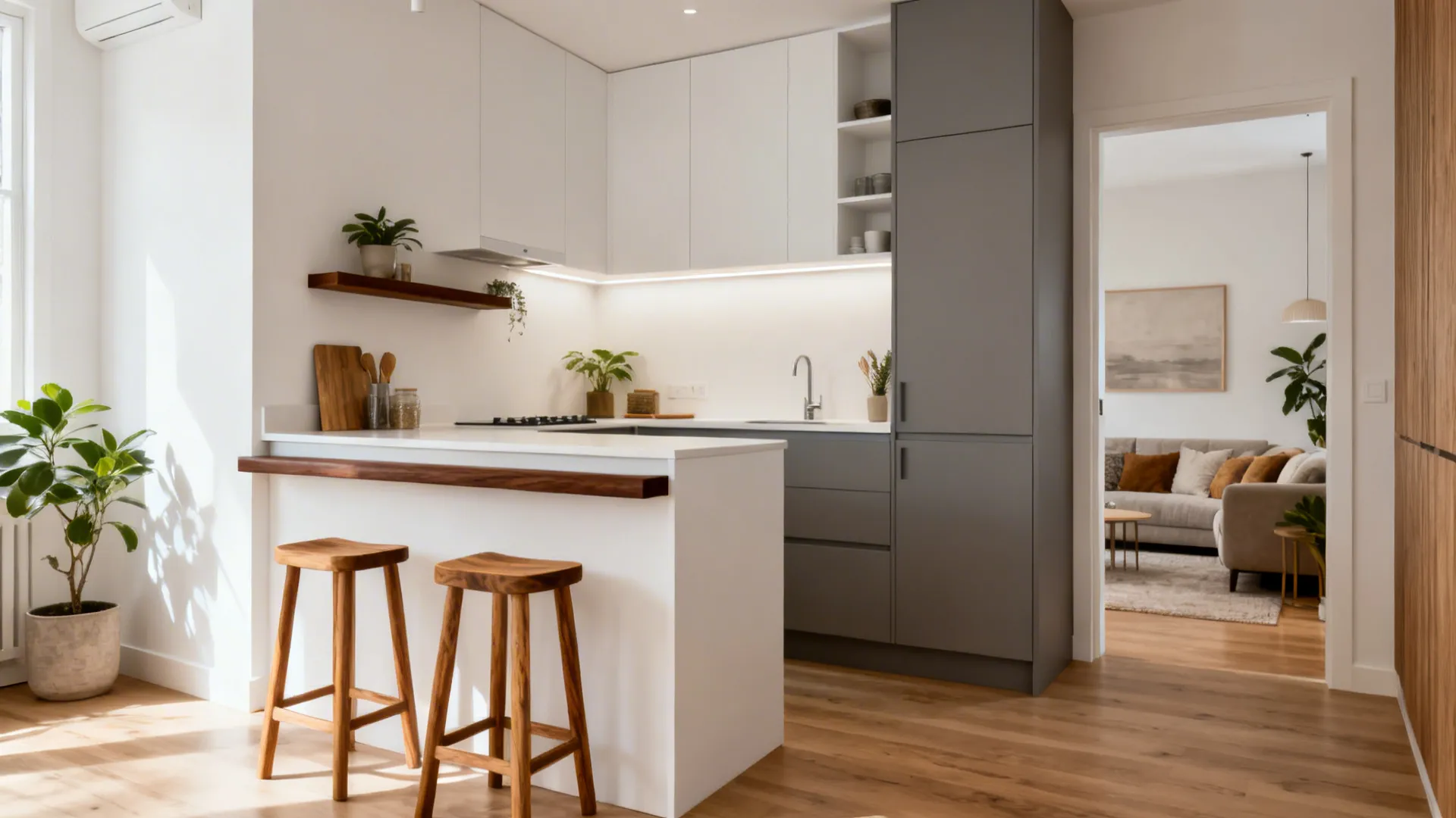 Minimalist small kitchen with oak stools, walnut rails, and matte finishes adding warmth and texture.