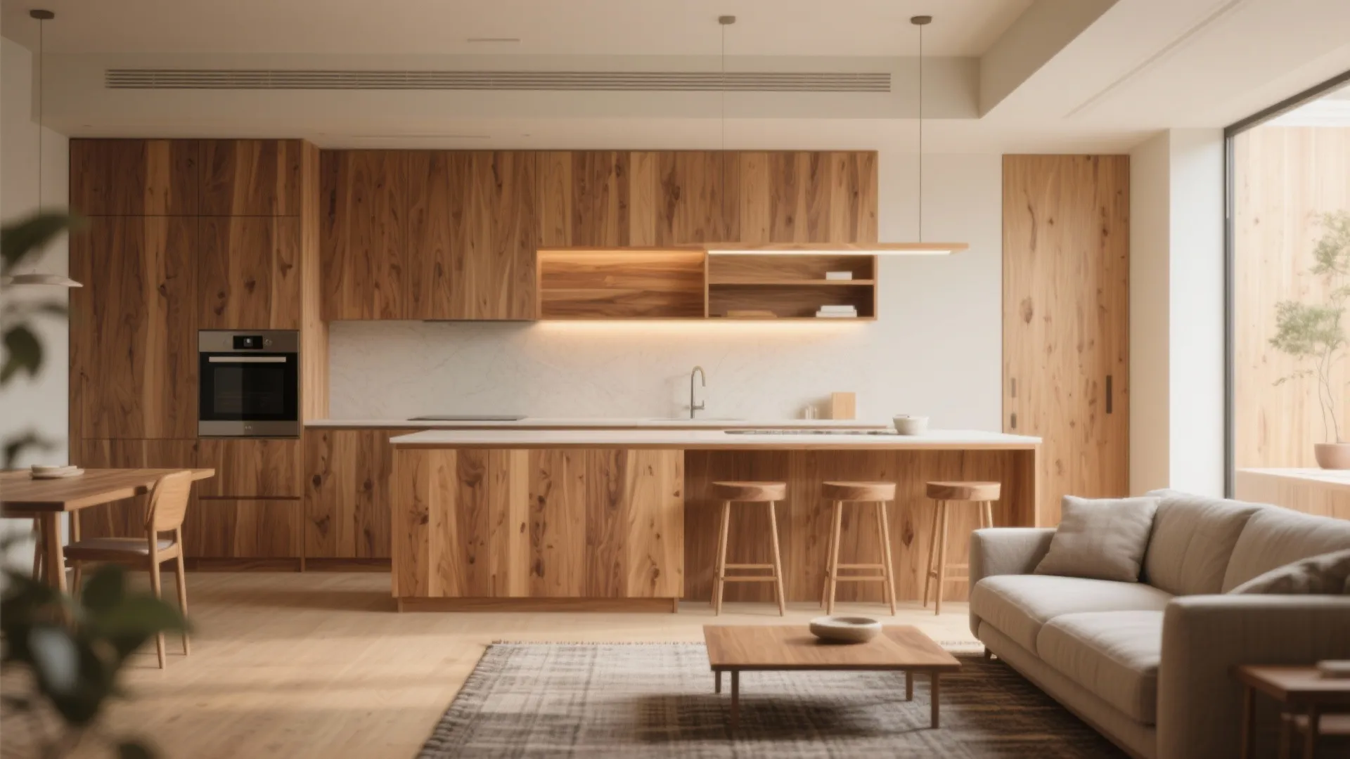 Wood elements for warmth and zoning