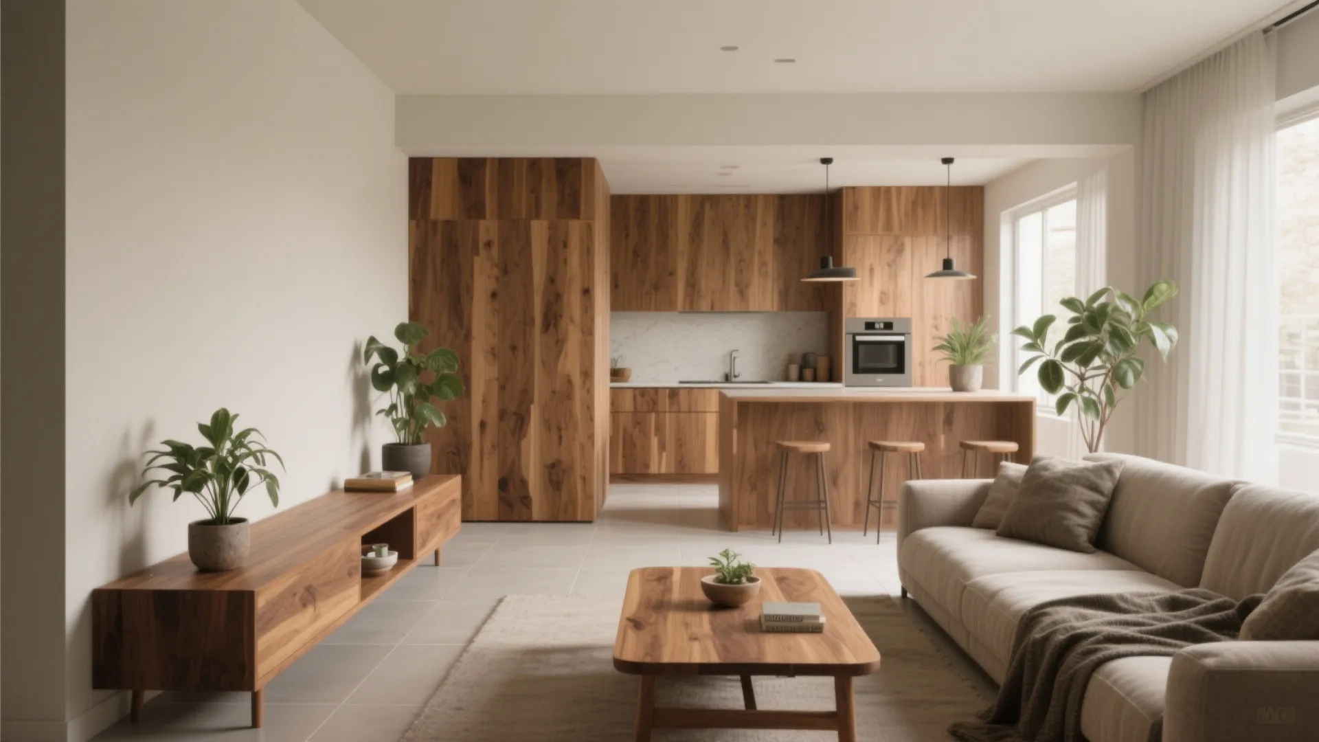 Wood elements bring warmth and zoning