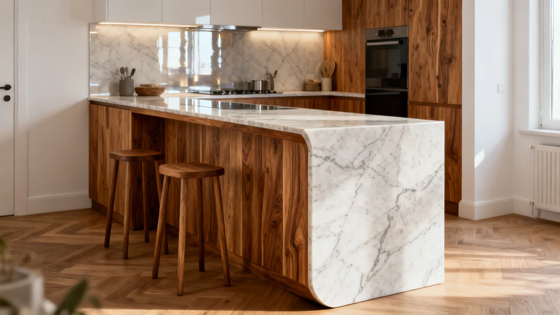 Rift oak-clad L-shaped island with a quartz waterfall edge in a bright small kitchen.