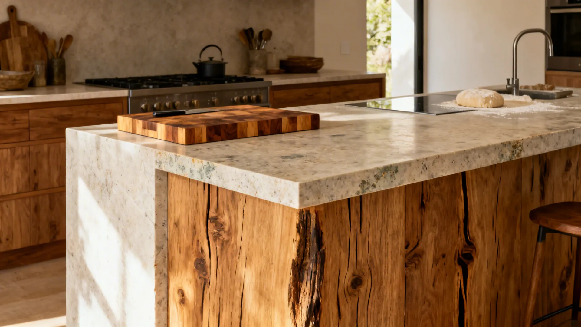 5) Materiality & Warmth: Wood, Waterfall, and Mixed Finishes