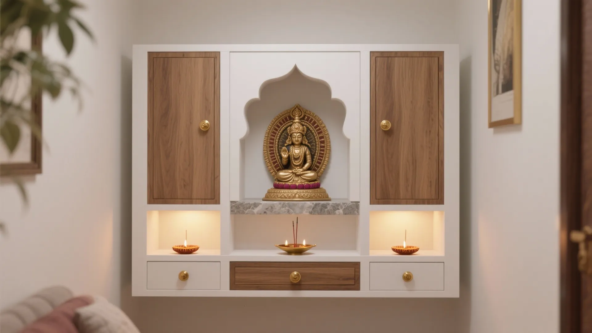 Minimal Wood-and-White Wall-Mounted Mandir (with Storage)