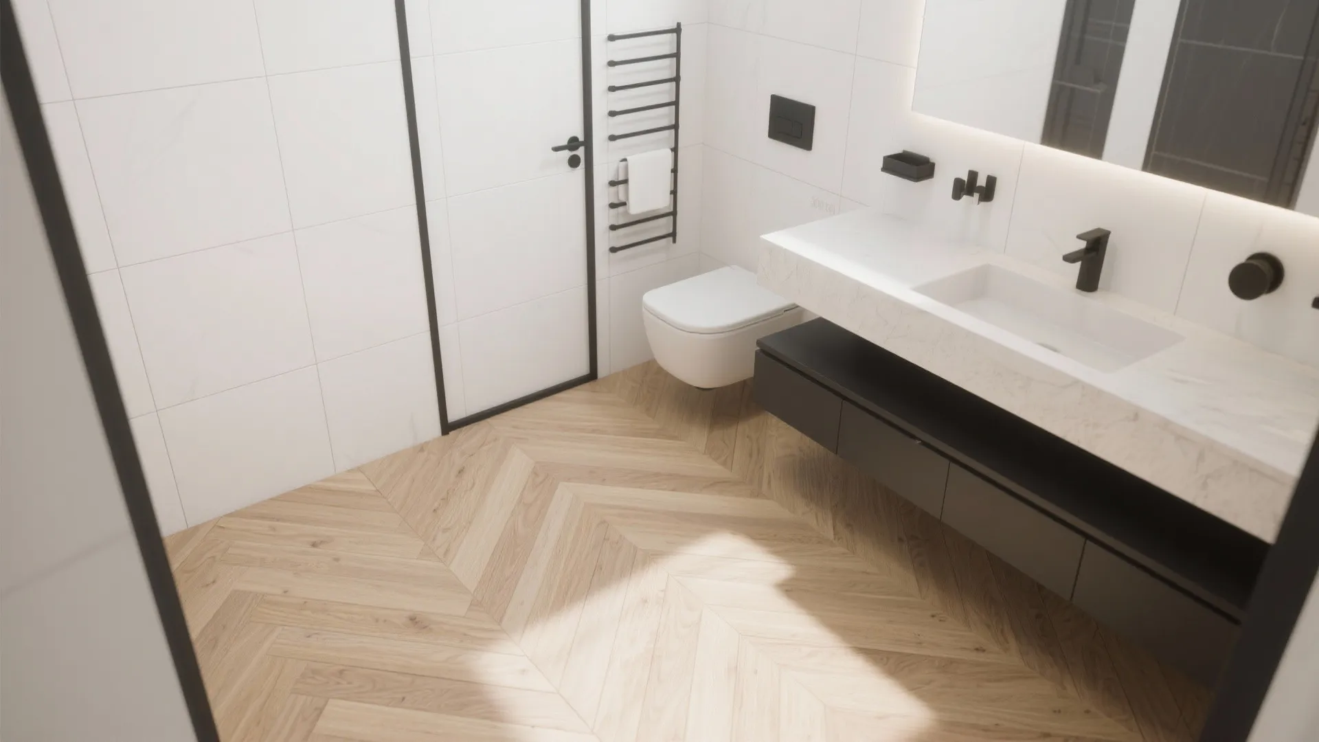 Modern bathroom with white wall tiles wooden flooring a white toilet and black bathroom sink