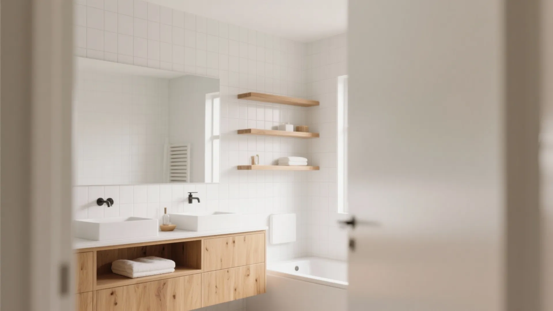 Modern white bathroom with wooden cabinet double sinks large mirror open shelves and bright natural light