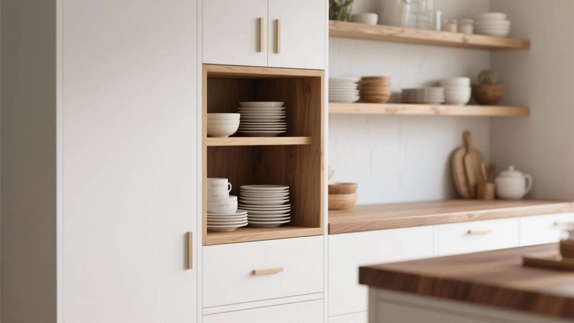 1. Warm wood accents to soften crisp white