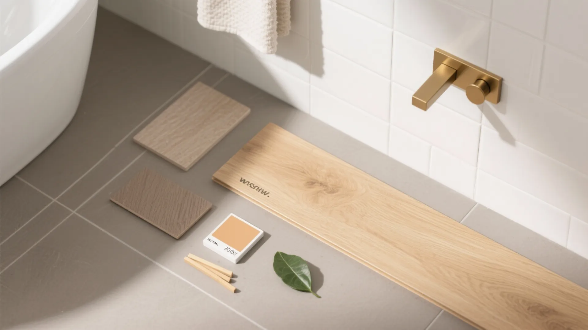 Interior design material samples with wood flooring pieces and a gold tap on white tiles