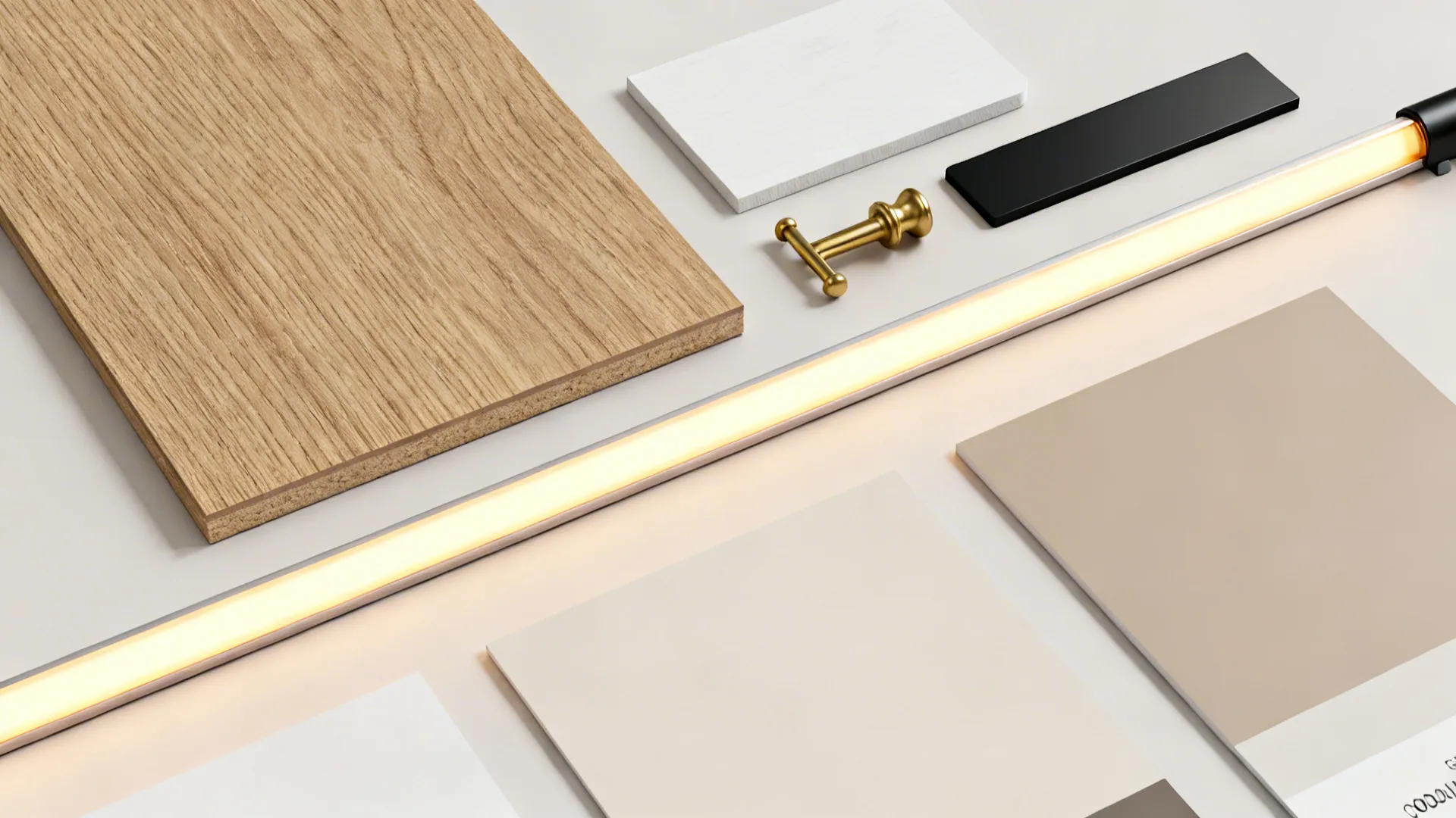 Flatlay of oak wood, matte white laminate, LED strip, and metal accents for a TV unit.