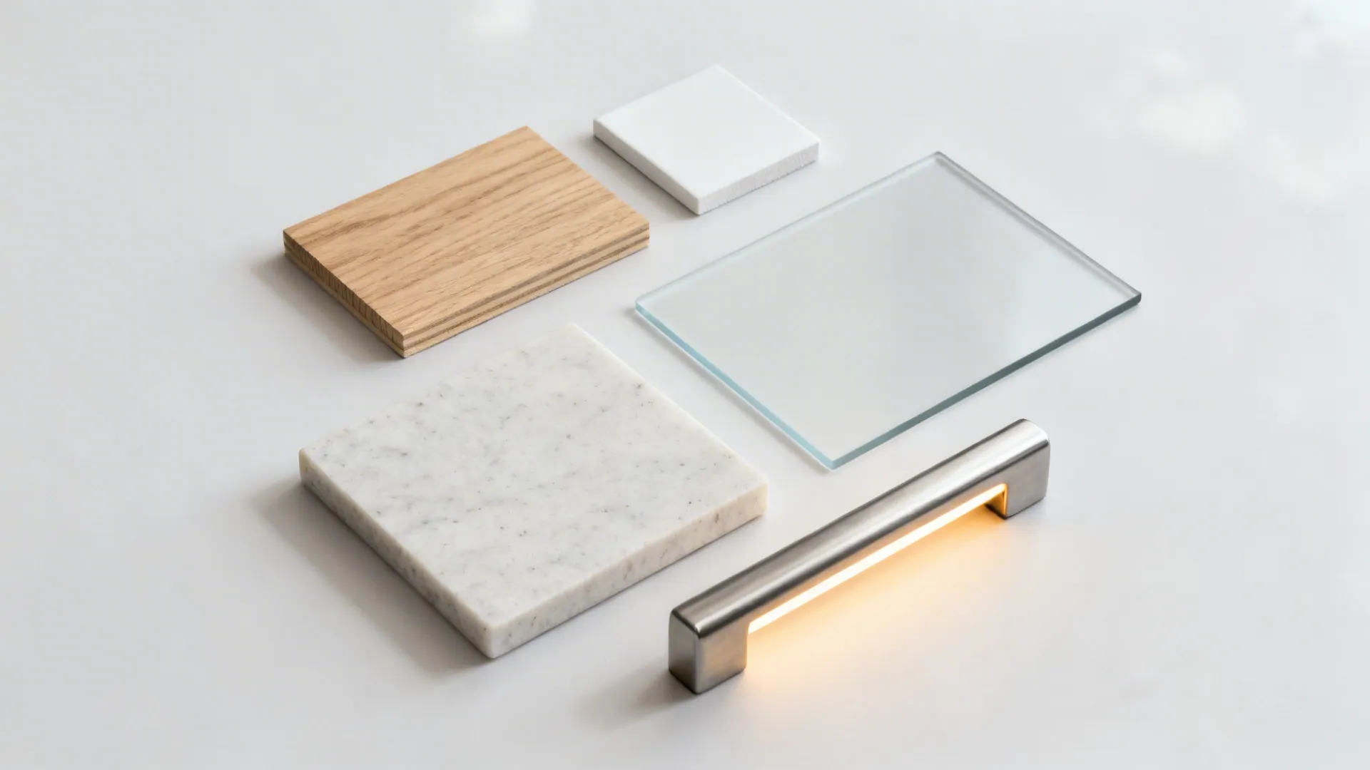 Selection of interior design material samples including wood marble glass and metal handle with light