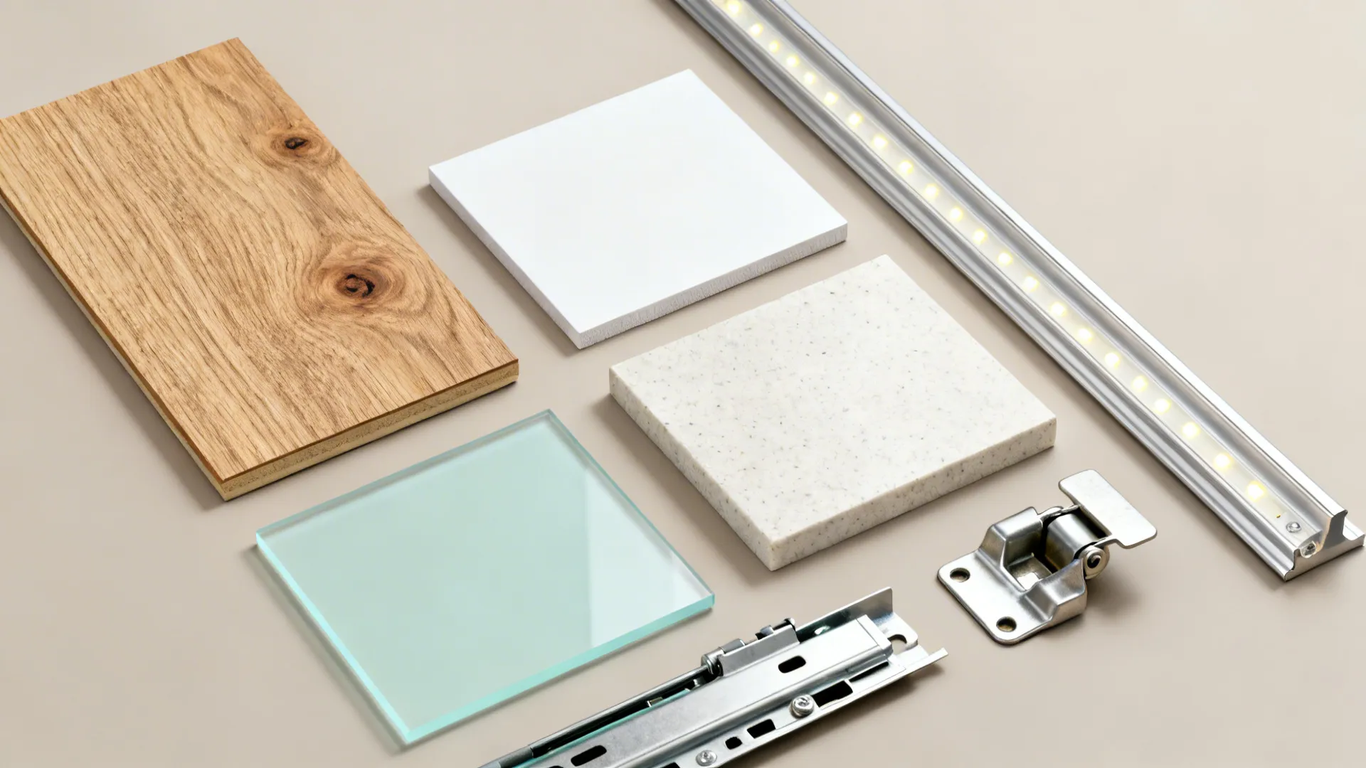 Flat lay of wood-look laminate, white laminate, mint glass, quartz, and hardware for a small kitchen