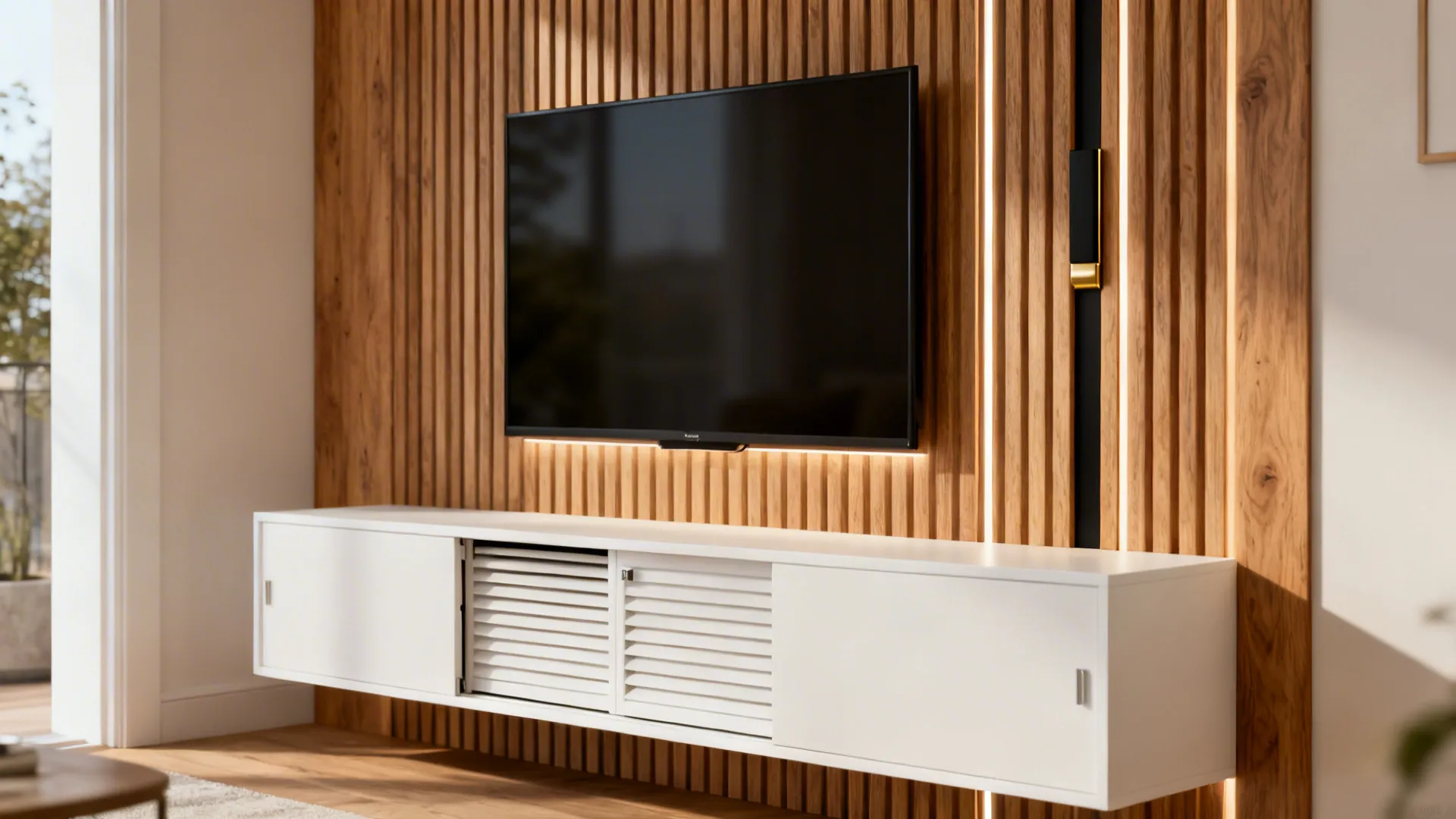 Wood-and-white TV wall with a slim fluted oak panel and concealed LED groove.
