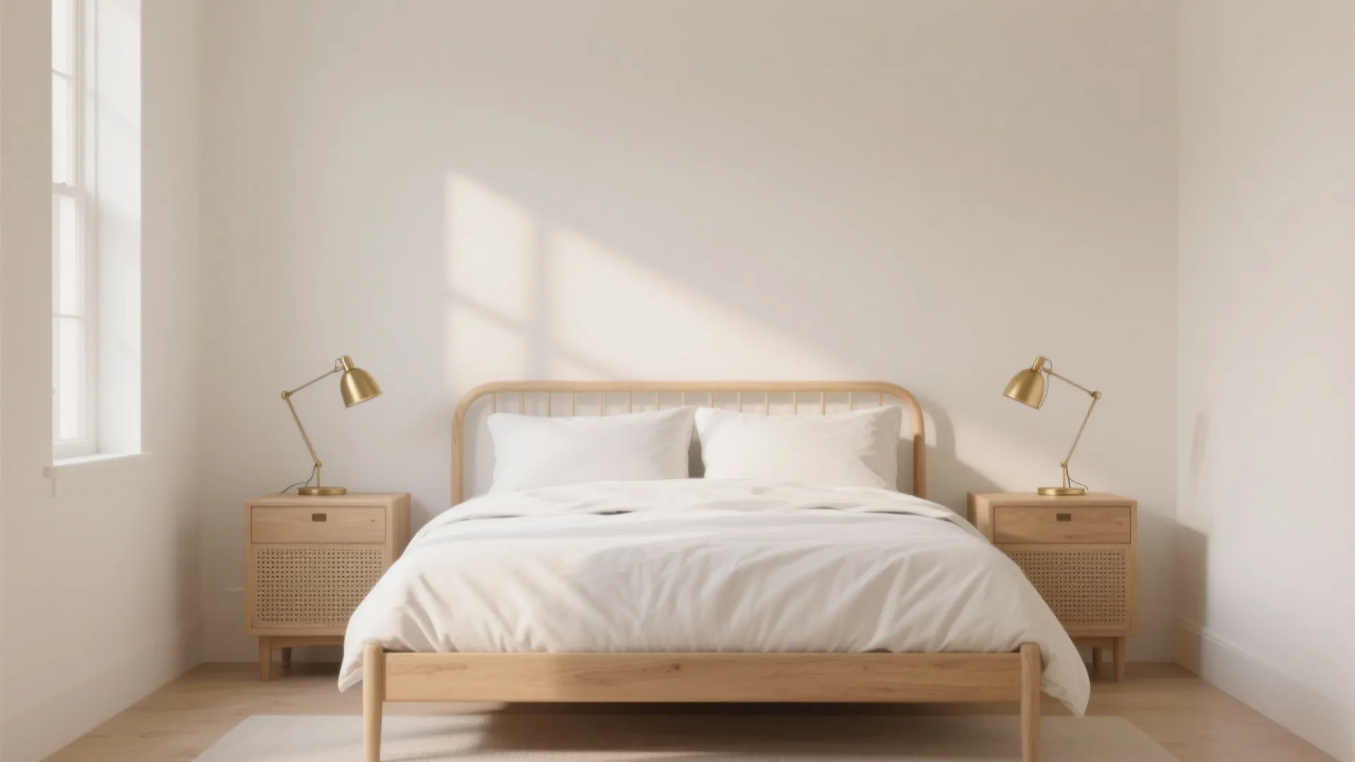Minimalist bedroom with wooden bed frame white bedding gold table lamps on wooden nightstands and window