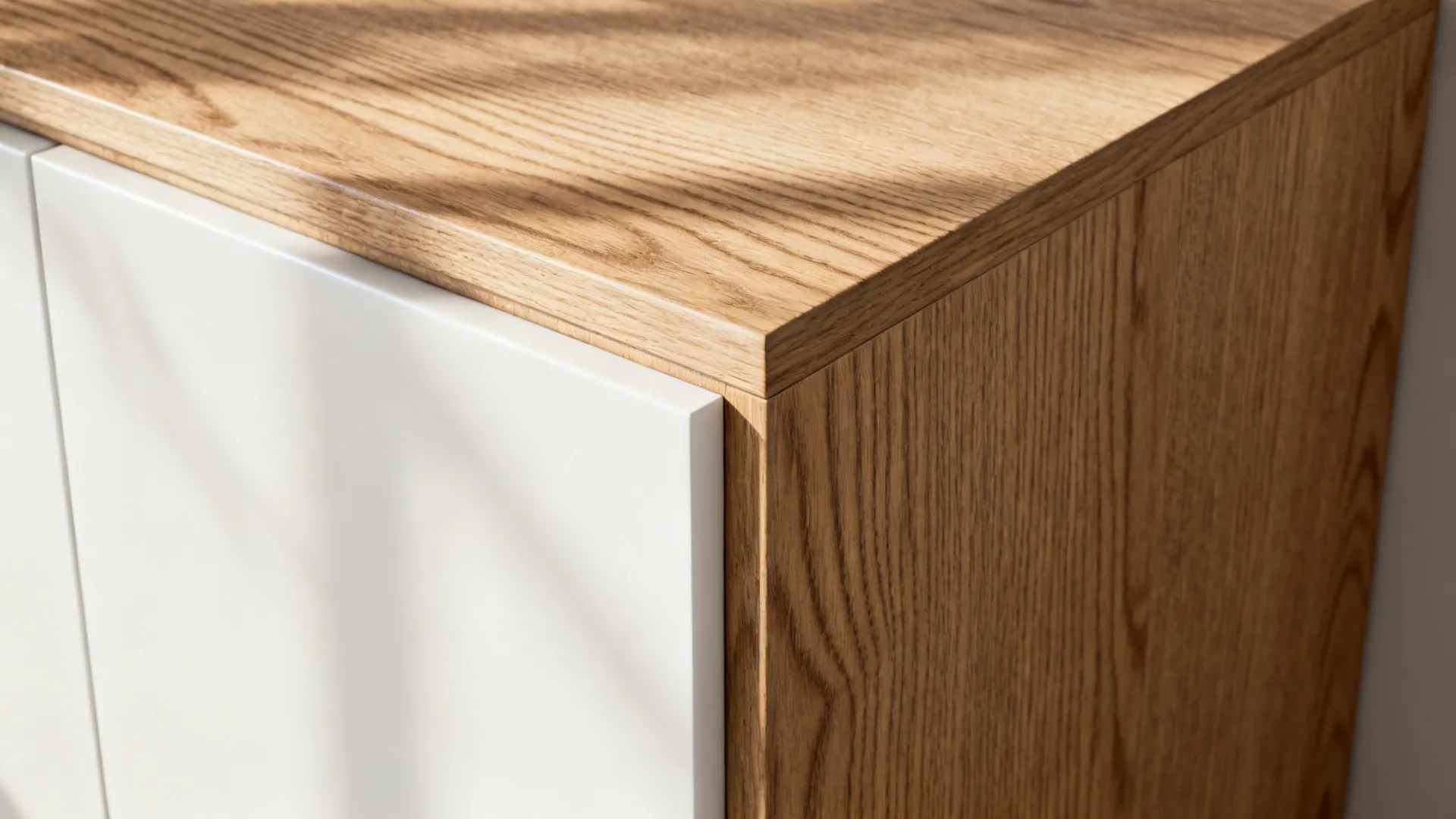 Macro detail of rift-sawn oak veneer meeting matte white lacquer on cabinet fronts.