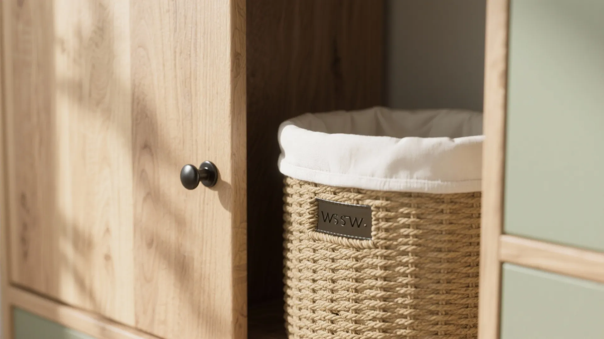 Warm wood tones and woven textures calm the eye