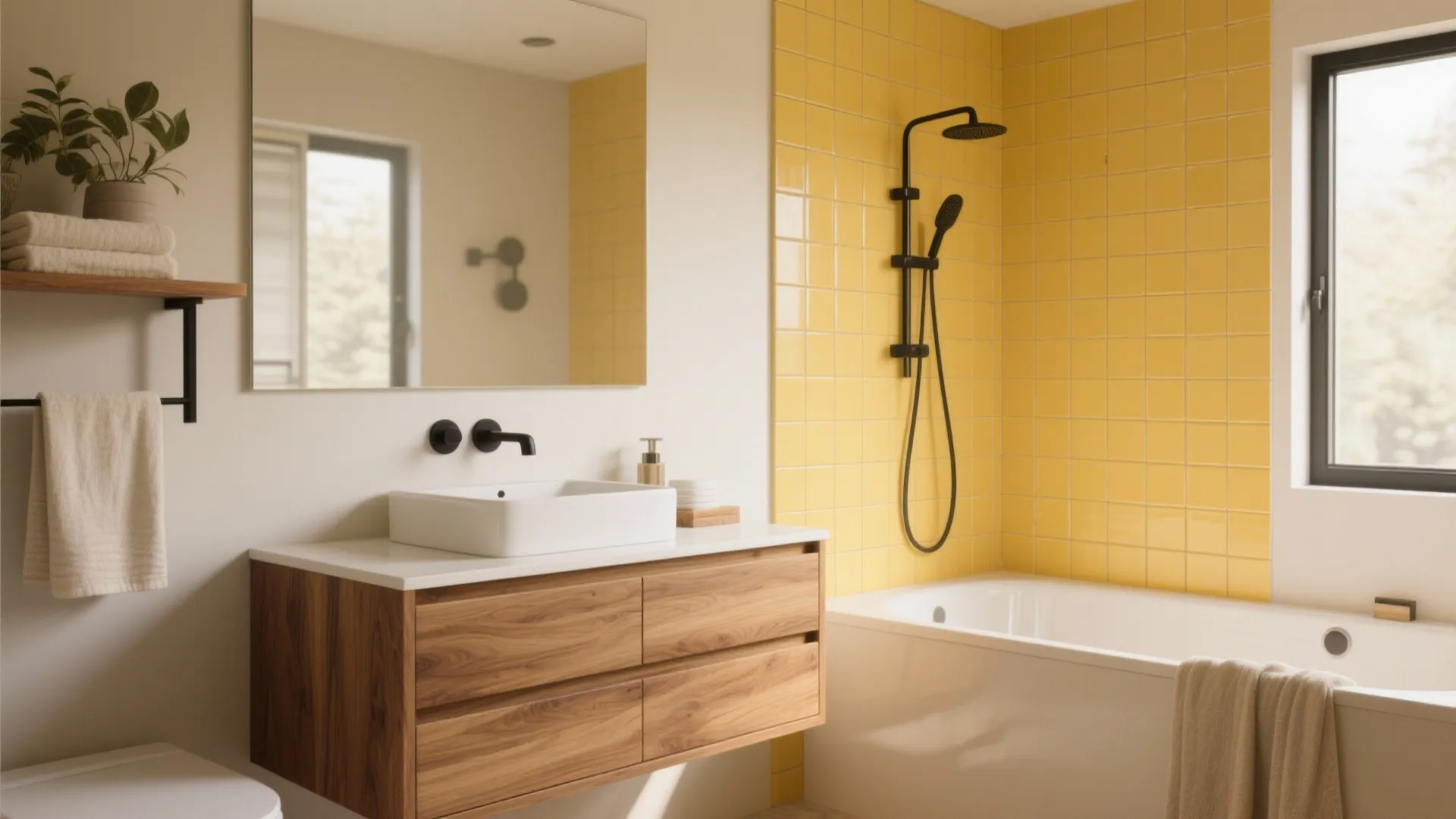 Warm Wood + Yellow Tile: Spa-Like Calm