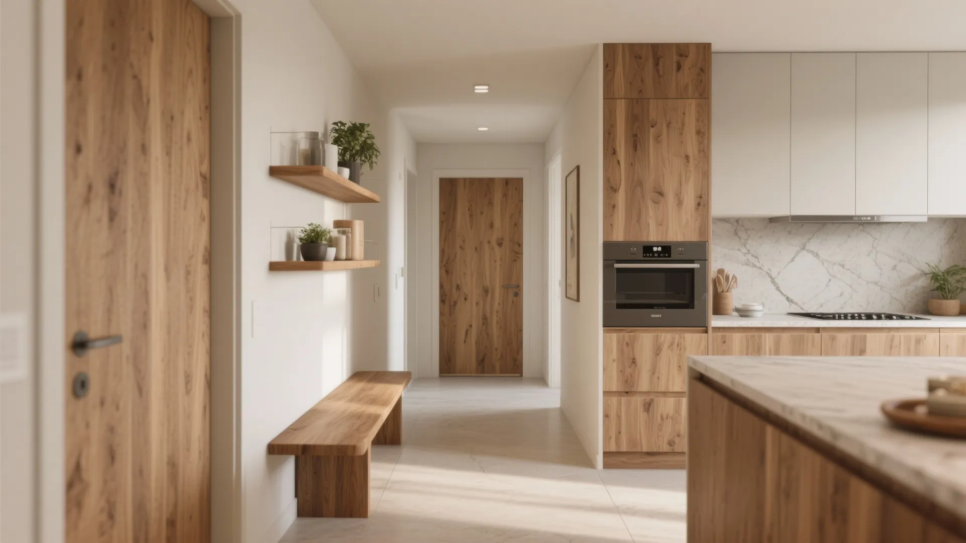 Home hallway and kitchen area featuring wood doors wooden bench shelving and built in oven unit