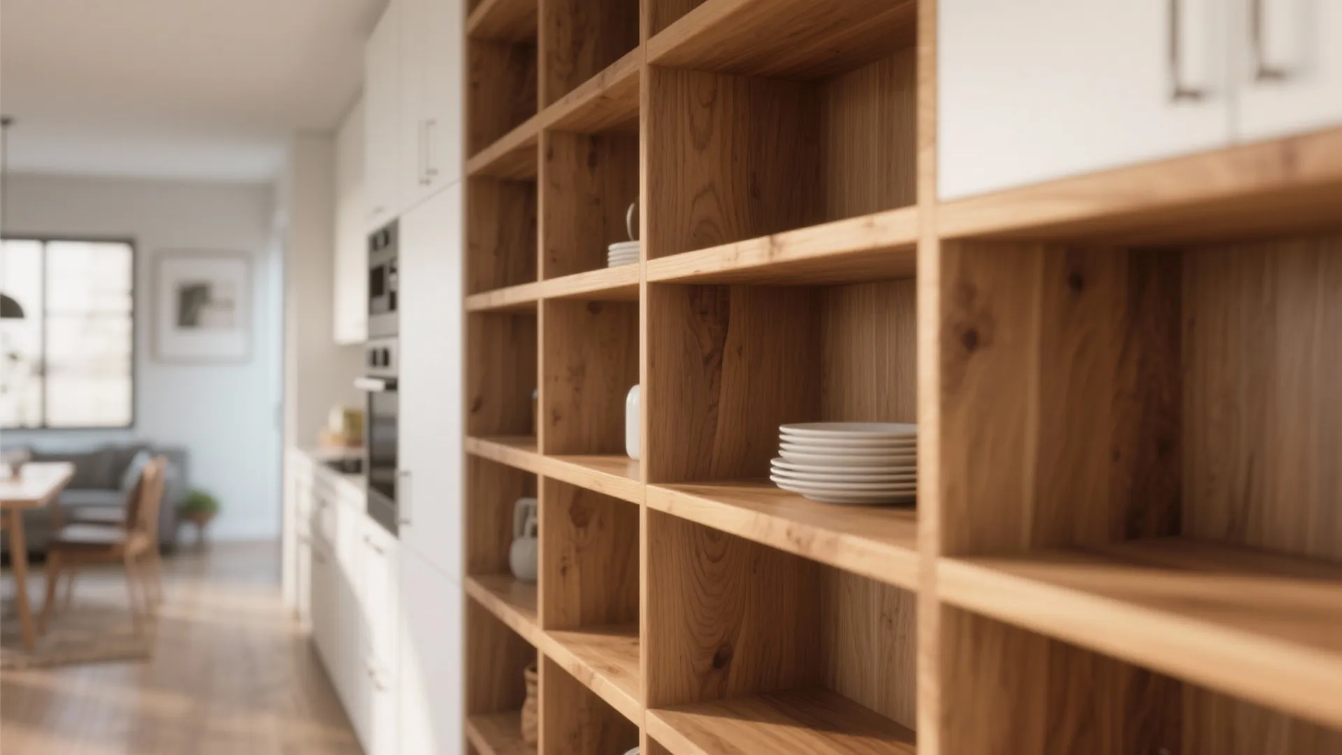 Wooden open shelving with white plates and kitchen cabinets in a modern bright home interior