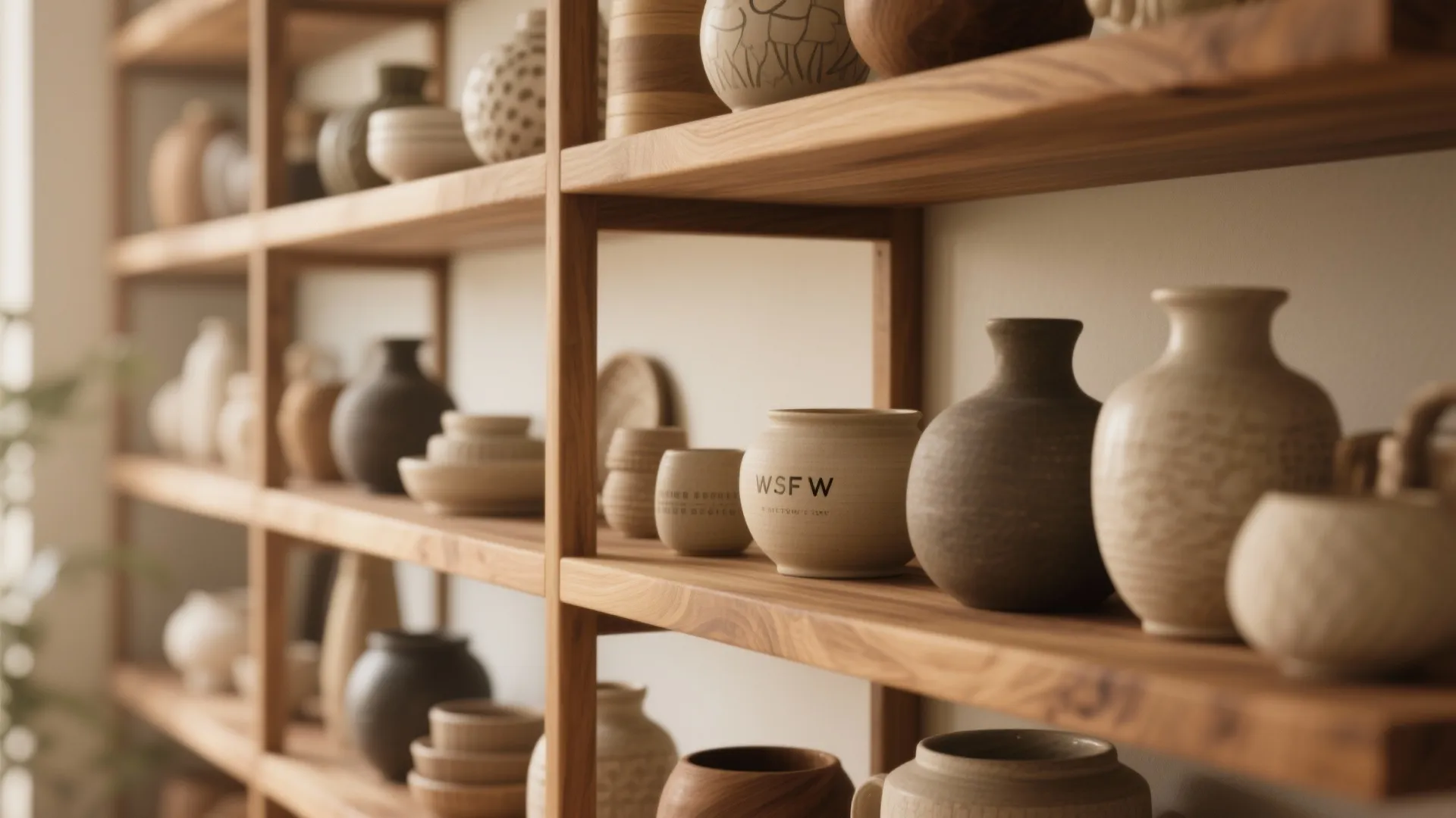 Close up view of wooden wall shelves holding various ceramic pots and bowls in sunlight