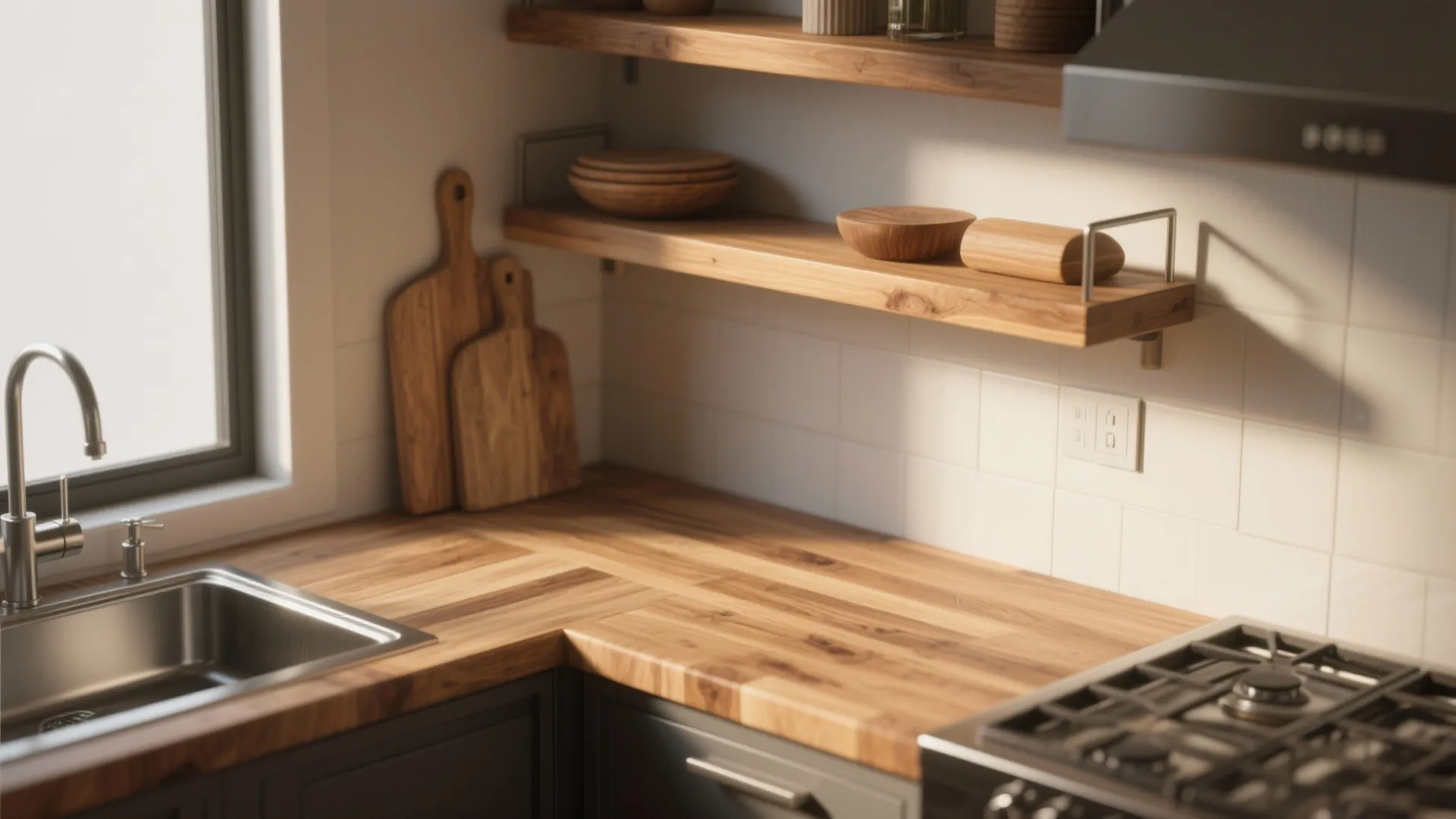 Wooden countertop and shelves creating a warm kitchen feel