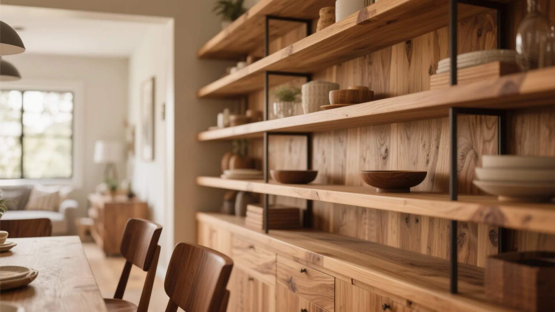 Wooden wall shelves with bowls and plates near a dining table and matching wooden chairs