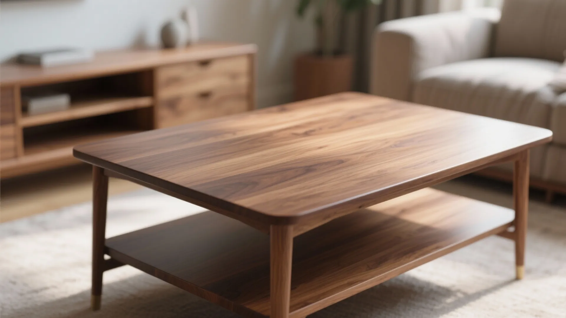 Close up of a wooden coffee table in a living room with a blurry background
