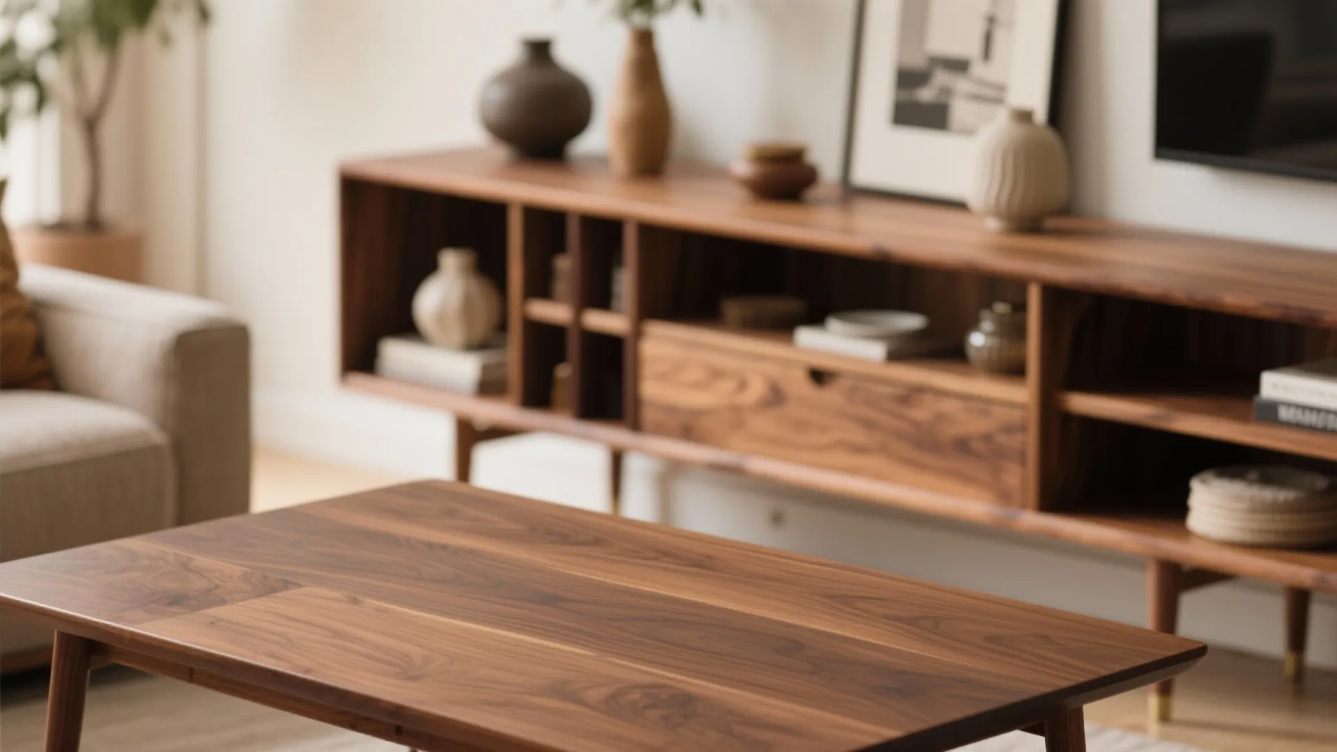 Wooden coffee table in living room with matching wooden cabinet and small decorative pottery vases