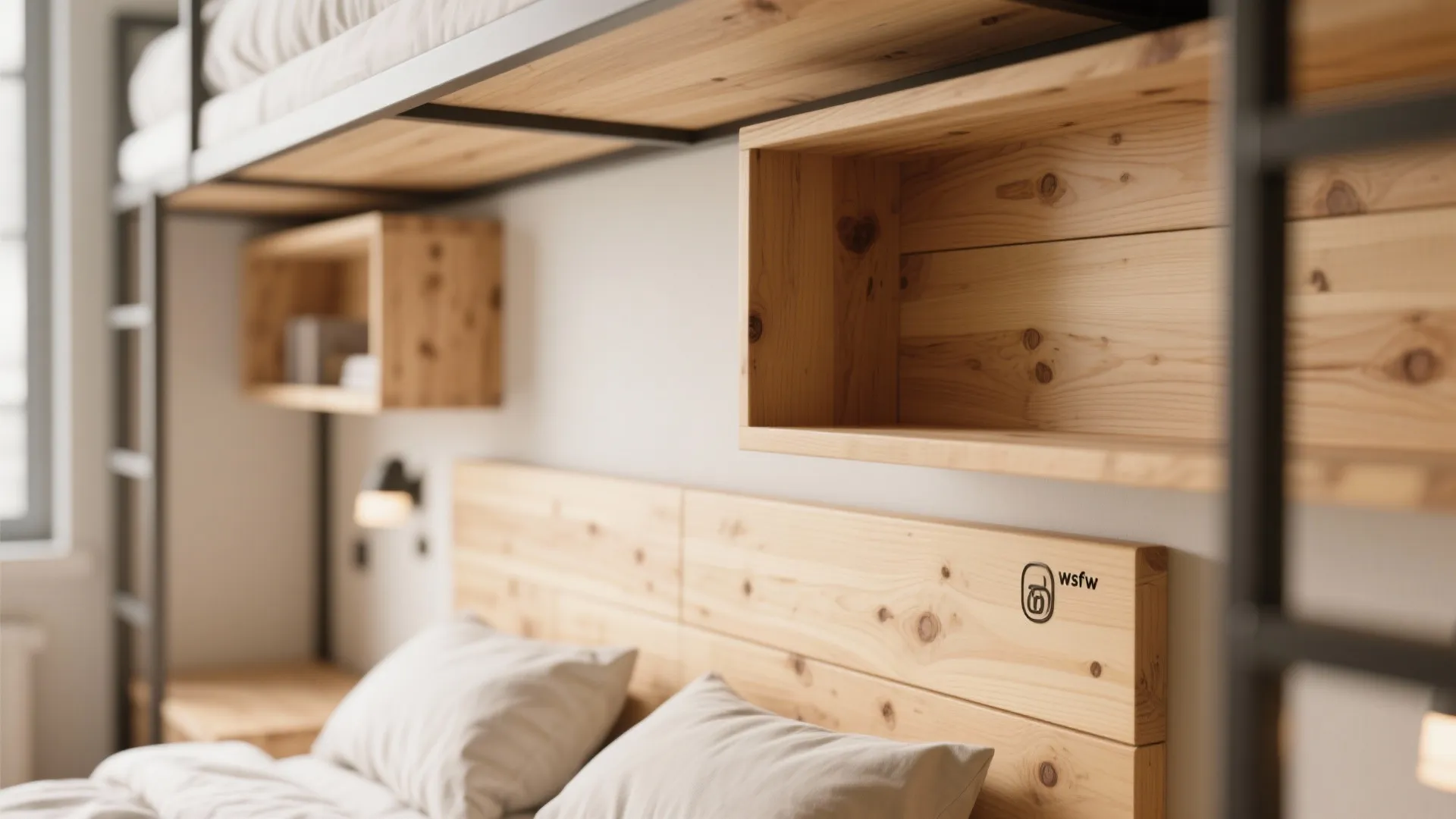 Wooden bunk bed headboard featuring built in storage boxes and white pillows in a bedroom