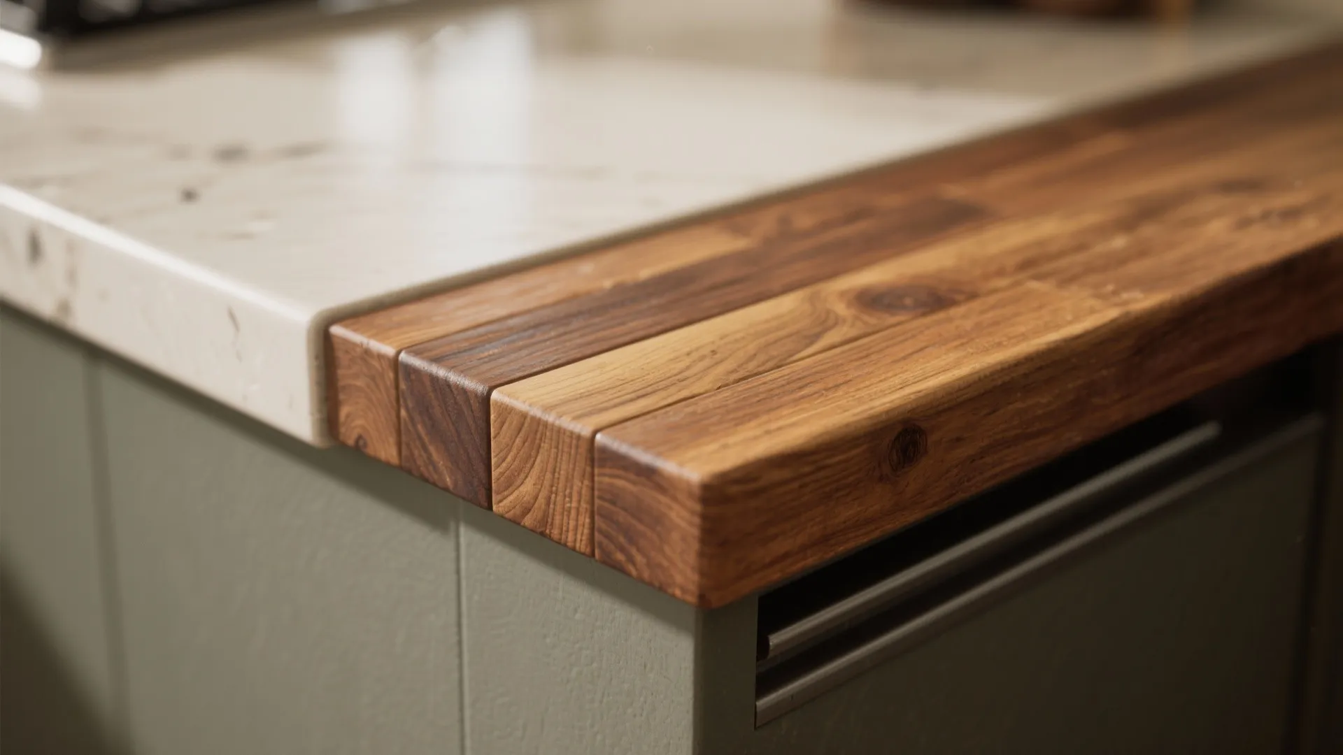 Close up of a white kitchen countertop with a thick natural wood block edge design