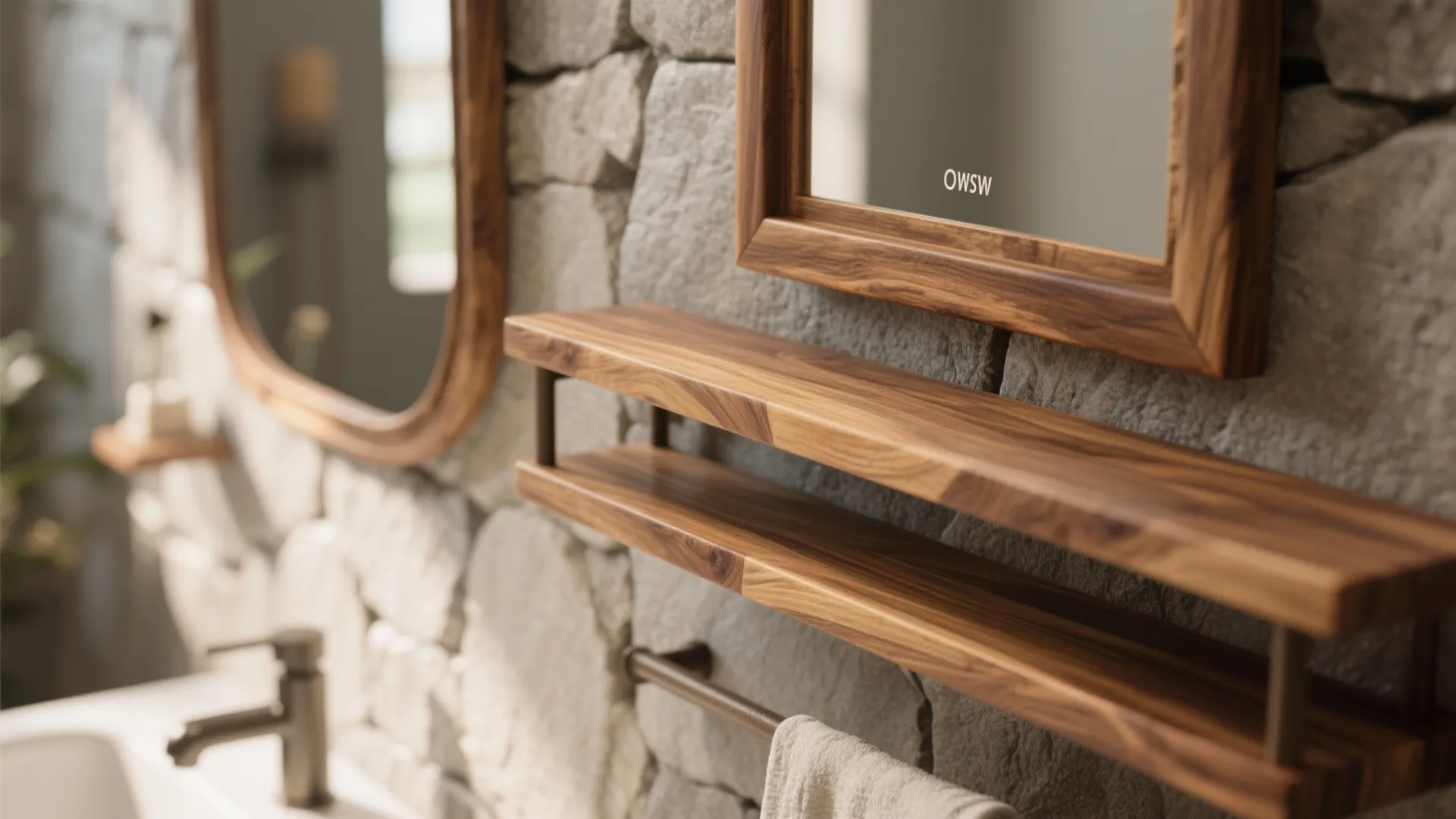 Close up of wooden wall shelf and mirror against grey stone wall in a rustic bathroom