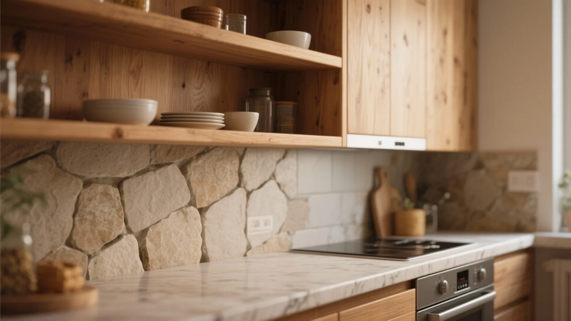 Kitchen detail showing wooden open shelves marble countertop and a rustic stone tile wall panel