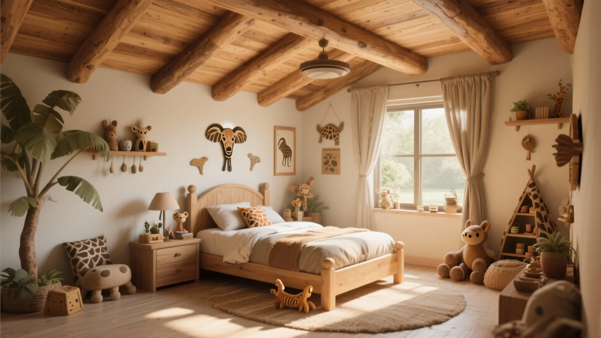 Childrens bedroom with wooden ceiling beams plus safari animal decorations and natural wood bed frame