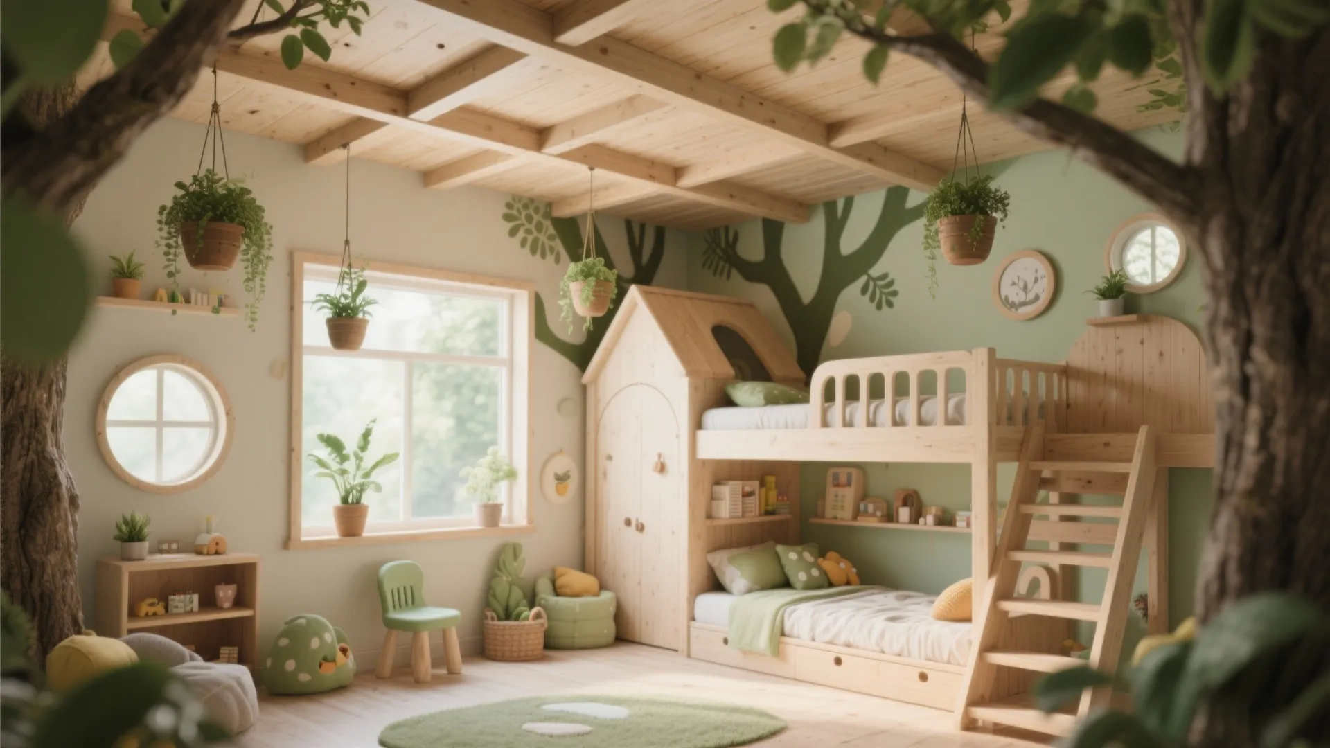Nature themed kids room with wooden bunk bed house and decorative wood beams on the ceiling