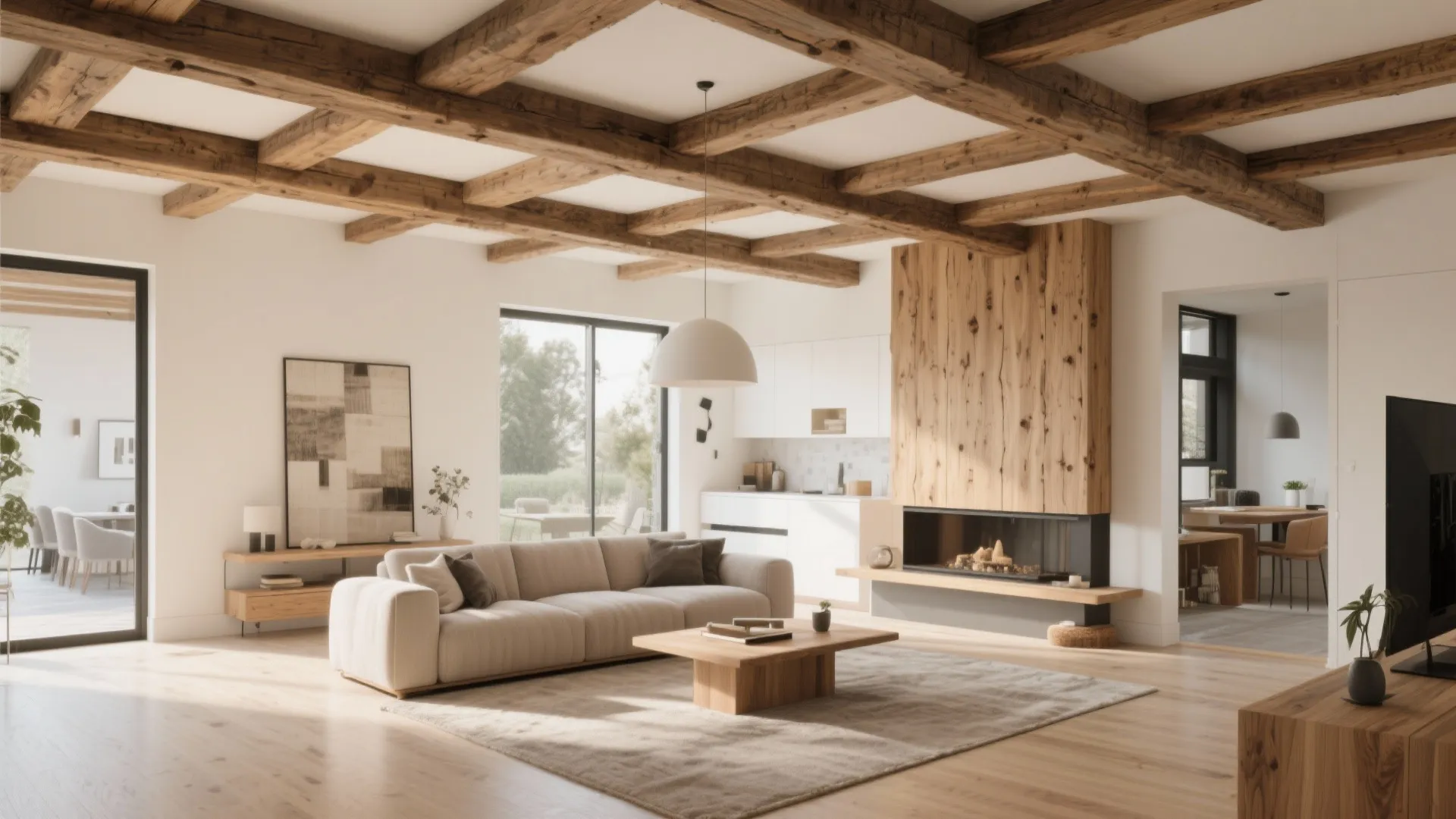 Modern living room with wooden beam ceiling white sofa fireplace coffee table and large glass doors