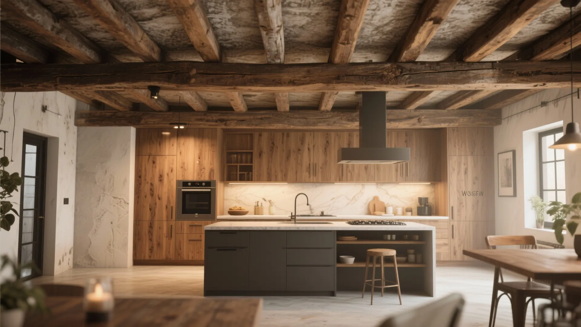 Textured Ceiling with Wooden Beams