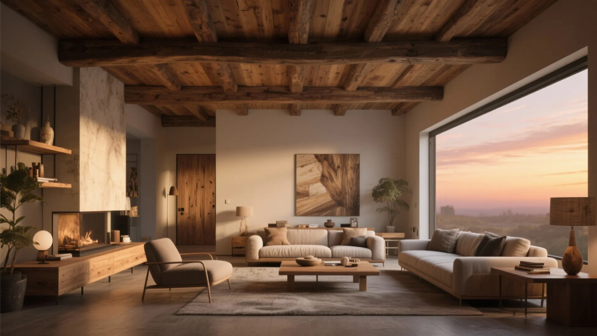 Living room with wooden ceiling beams fireplace sofa coffee table and large window at sunset