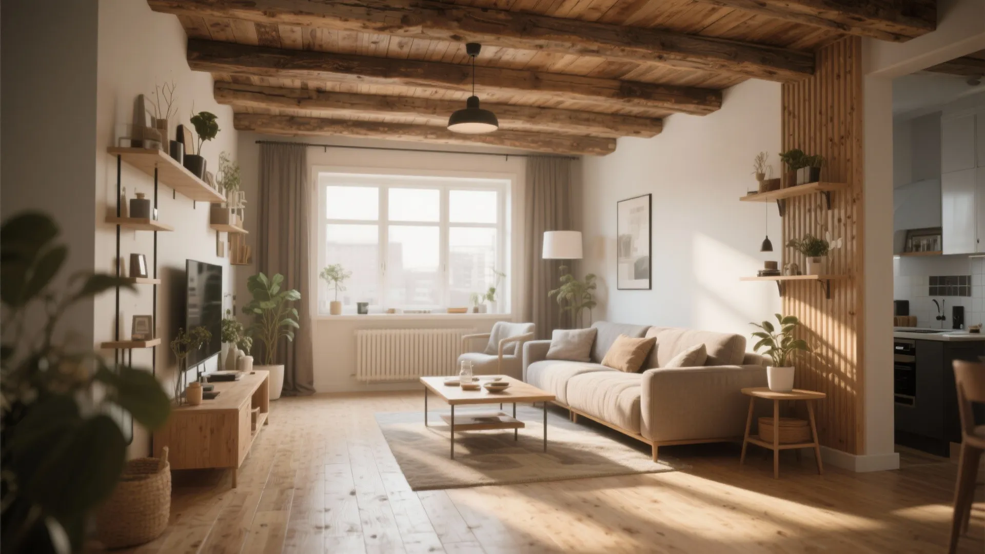 Cozy living room with exposed wooden ceiling beams beige sofa wooden floor and large bright window