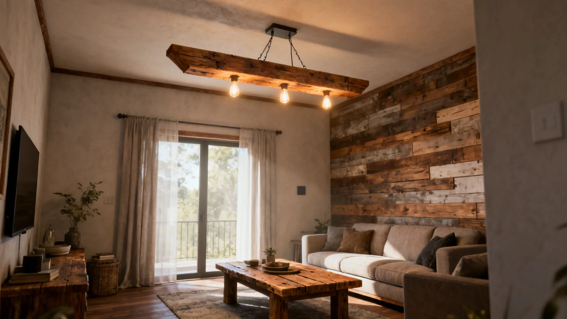 Compact wooden-beam chandelier over a reclaimed coffee table in a small living area.