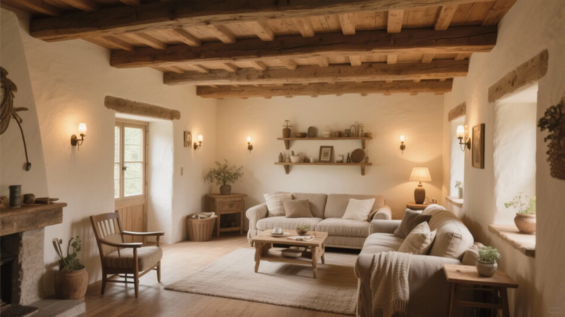 Rustic living room featuring wooden ceiling beams cream walls beige sofas and warm wall lights
