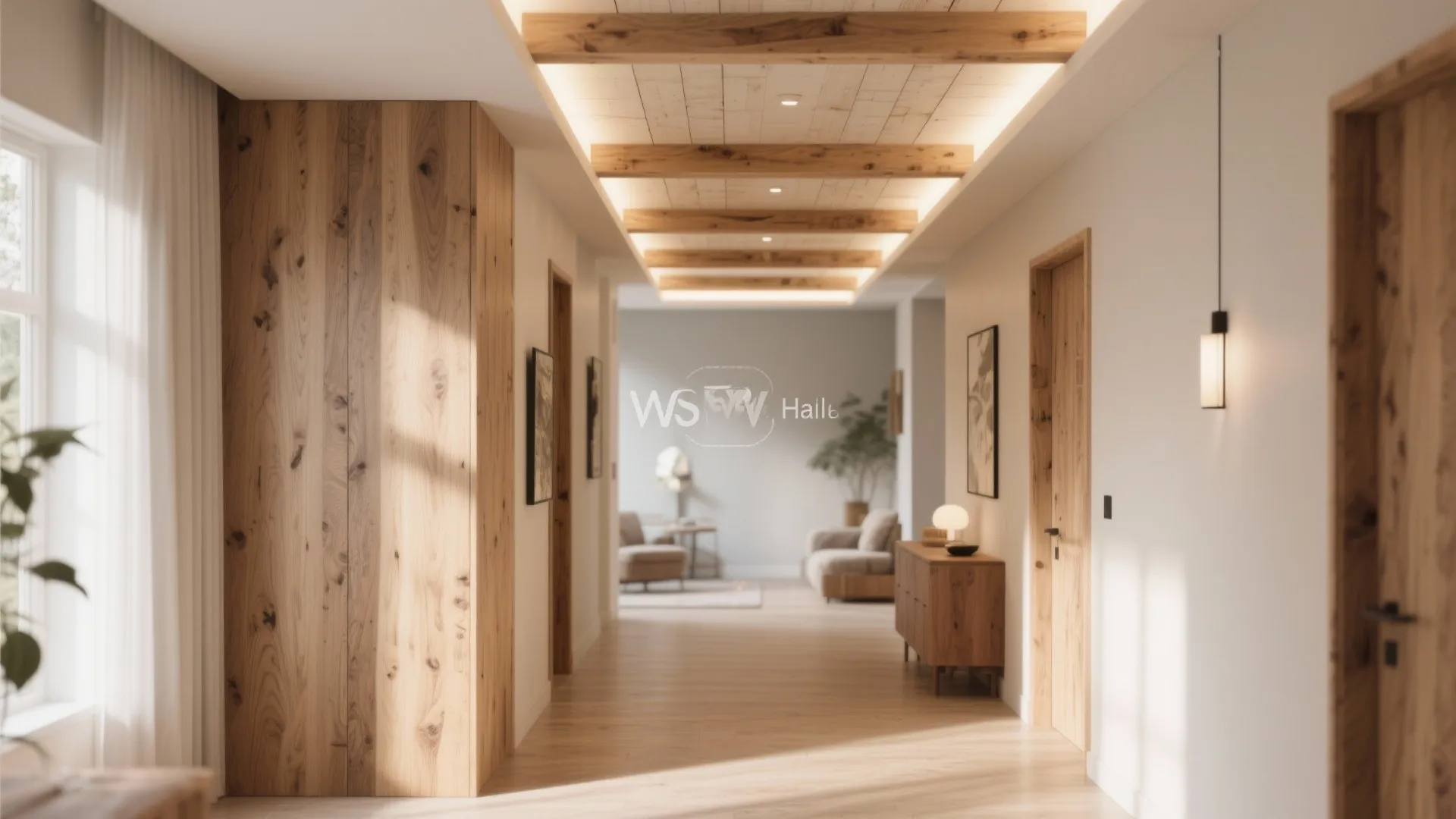 Bright hallway featuring wooden ceiling beams wall lights and matching wood furniture with a minimalist look