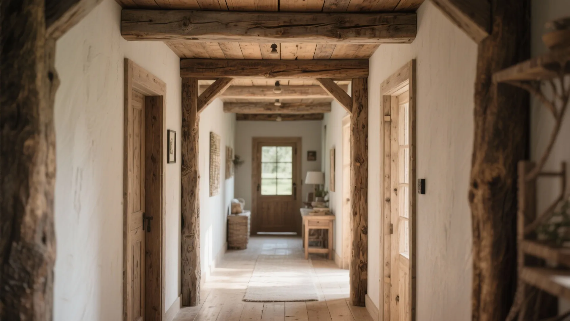 Rustic hallway with exposed wooden ceiling beams and matching wall supports over light wood floors