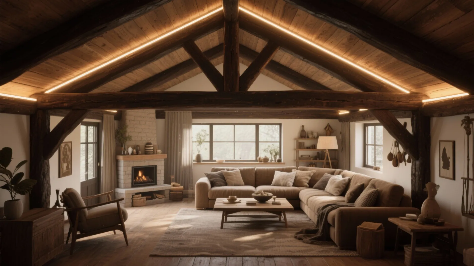 1. Exposed Wooden Beams with Warm Lighting