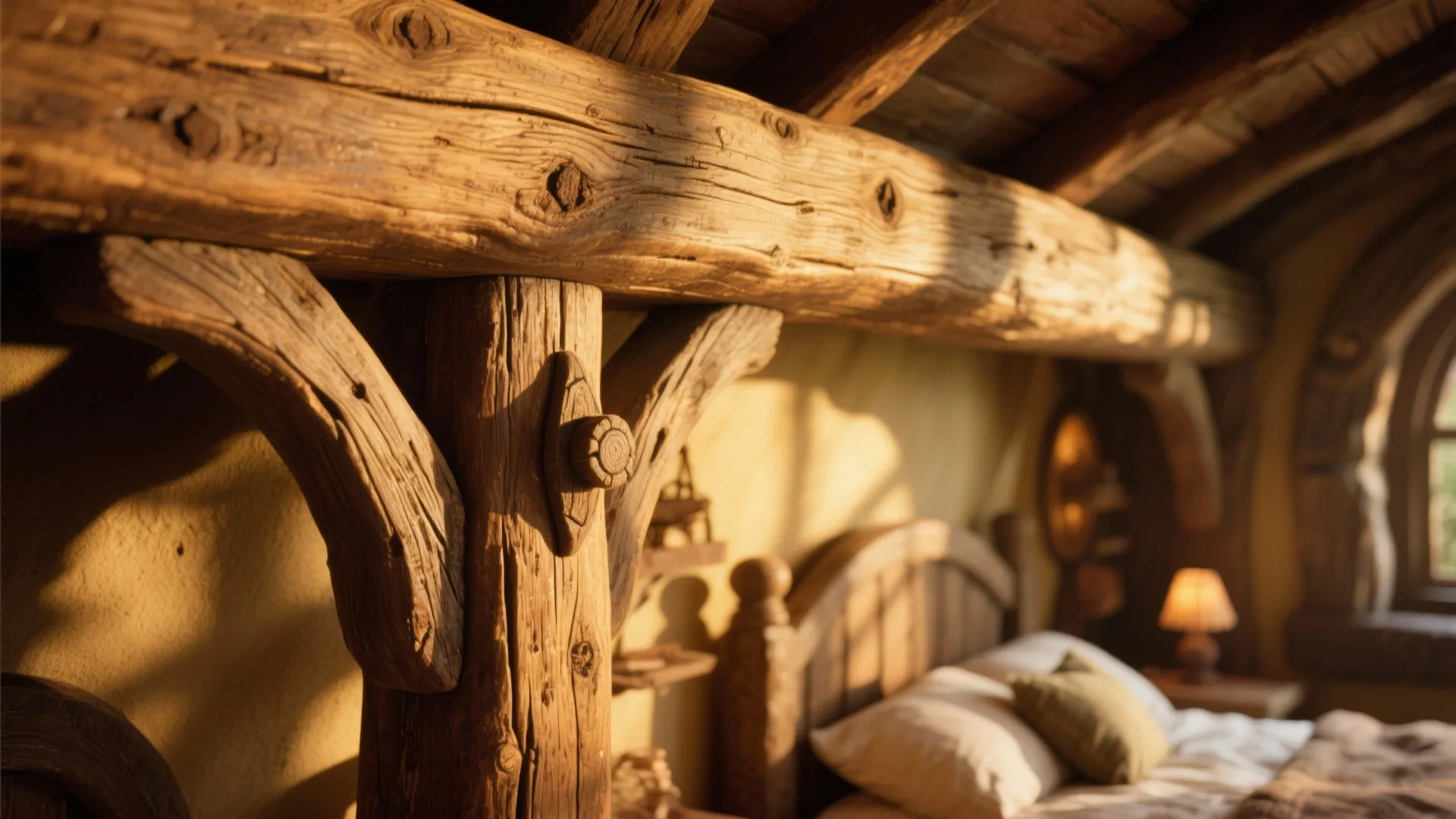 Detailed view of rustic exposed wooden beam with visible grain