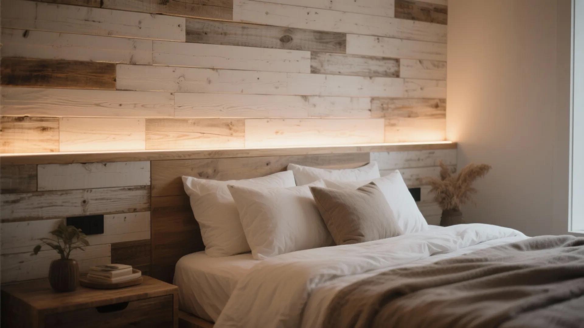 Cozy bedroom with a rustic wooden wall panel headboard featuring warm light and white bedding