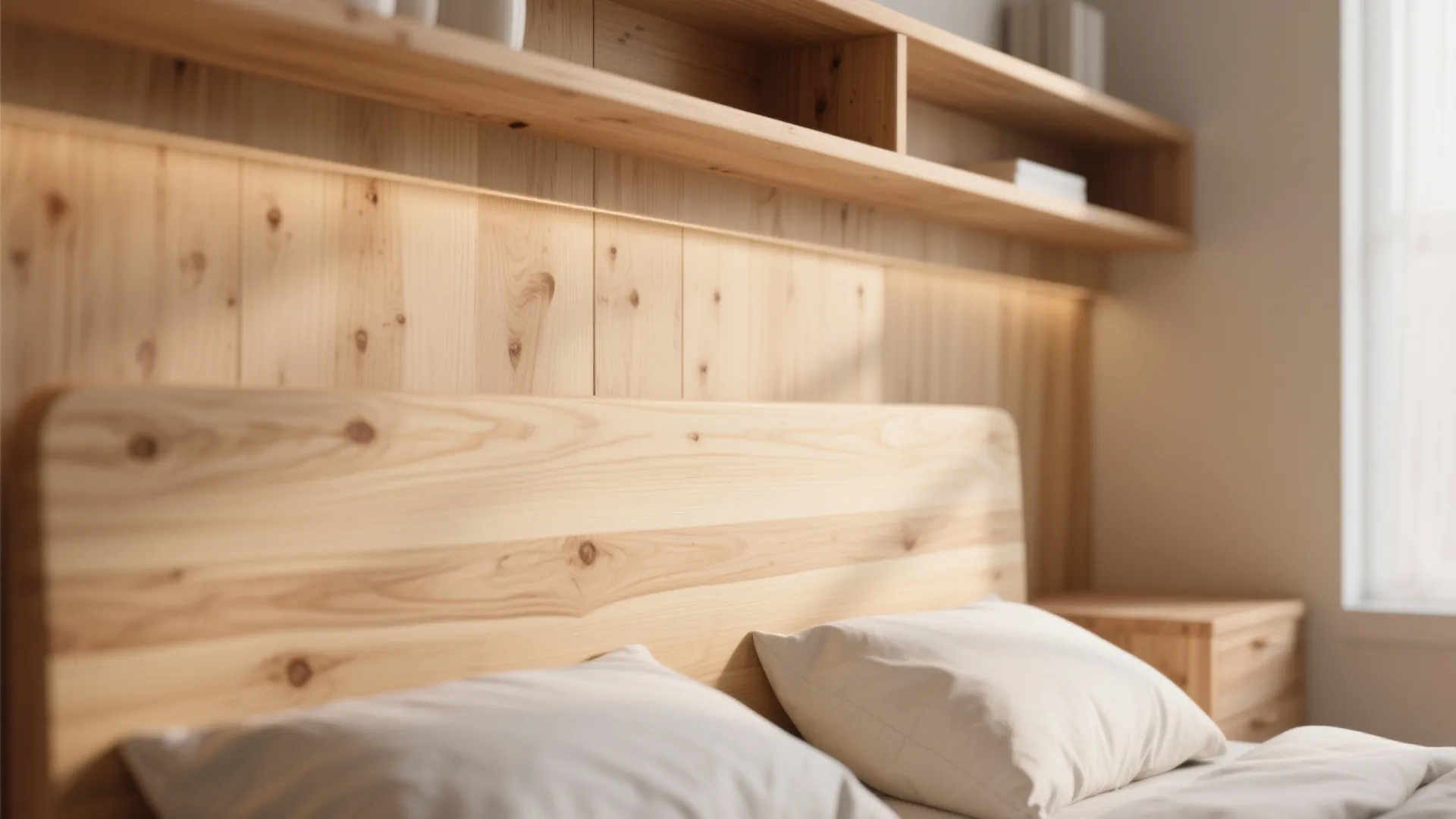 Close up of wooden bed headboard with white pillows wall panel and shelf in natural light