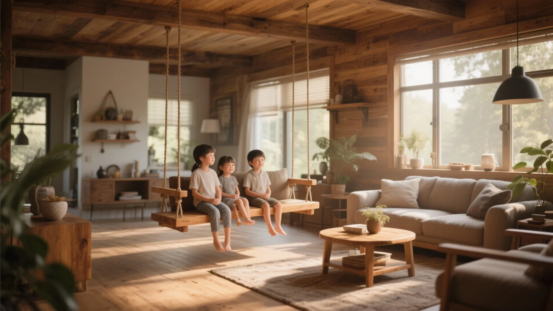Three children sitting on a wooden bench swing in a warm rustic wood interior room