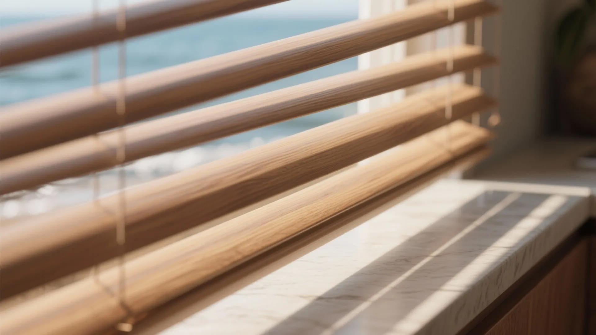 Close up of horizontal wooden window blinds with sunlight casting shadows on a marble countertop