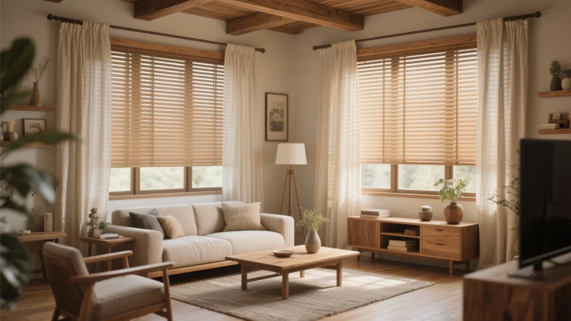 8. Wooden Blinds Paired with Light Drapes