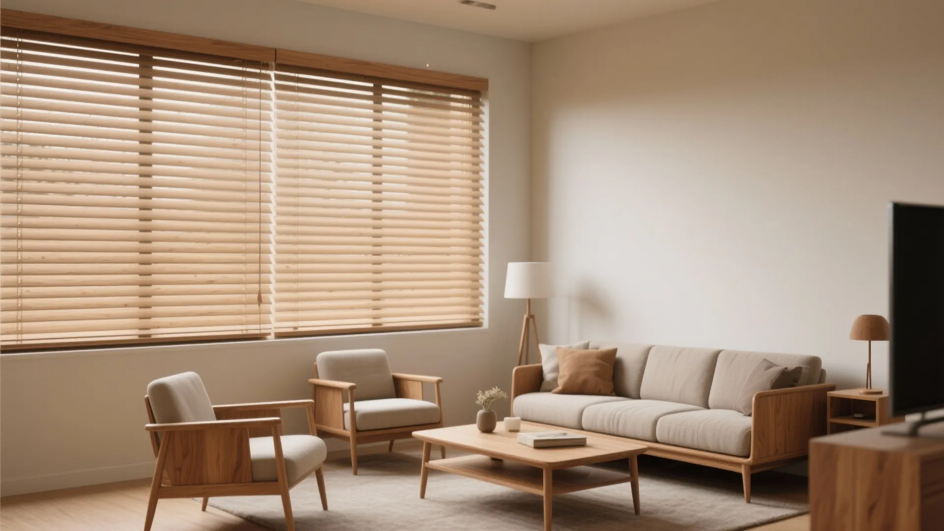 Minimalist living room with wooden window blinds plus beige sofa and matching wooden coffee table