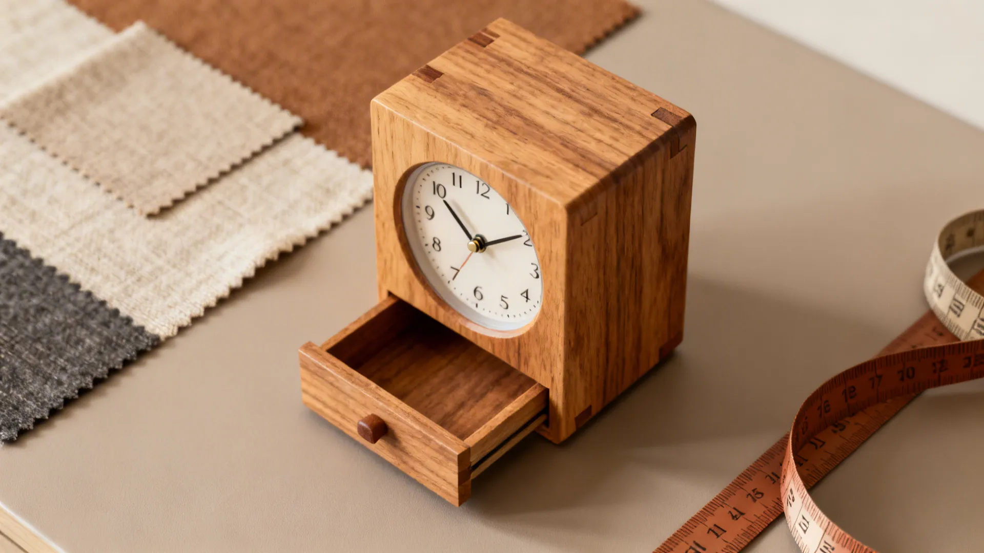 Small wooden cube clock with open drawer displayed next to fabric swatches and a tape measure