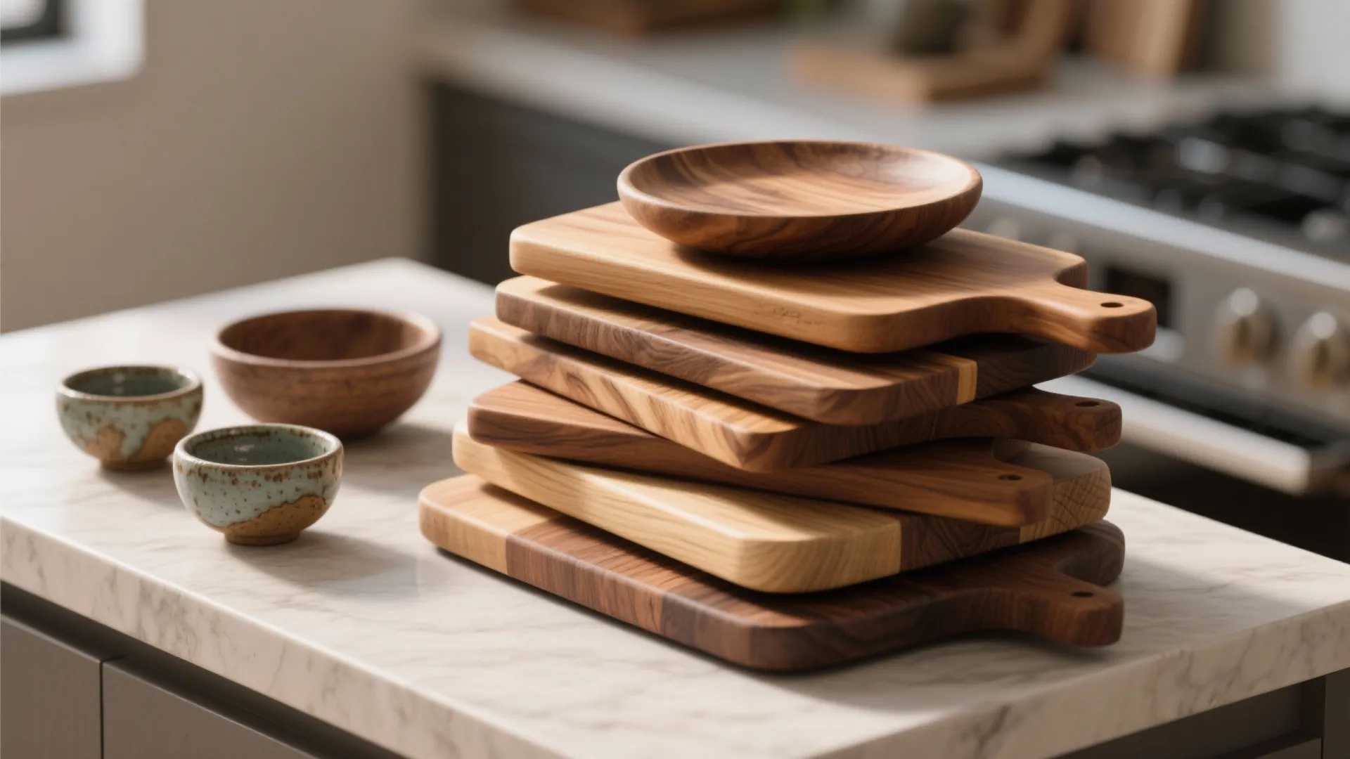 Stacked wooden cutting boards and small bowls sitting on a marble kitchen counter near stove