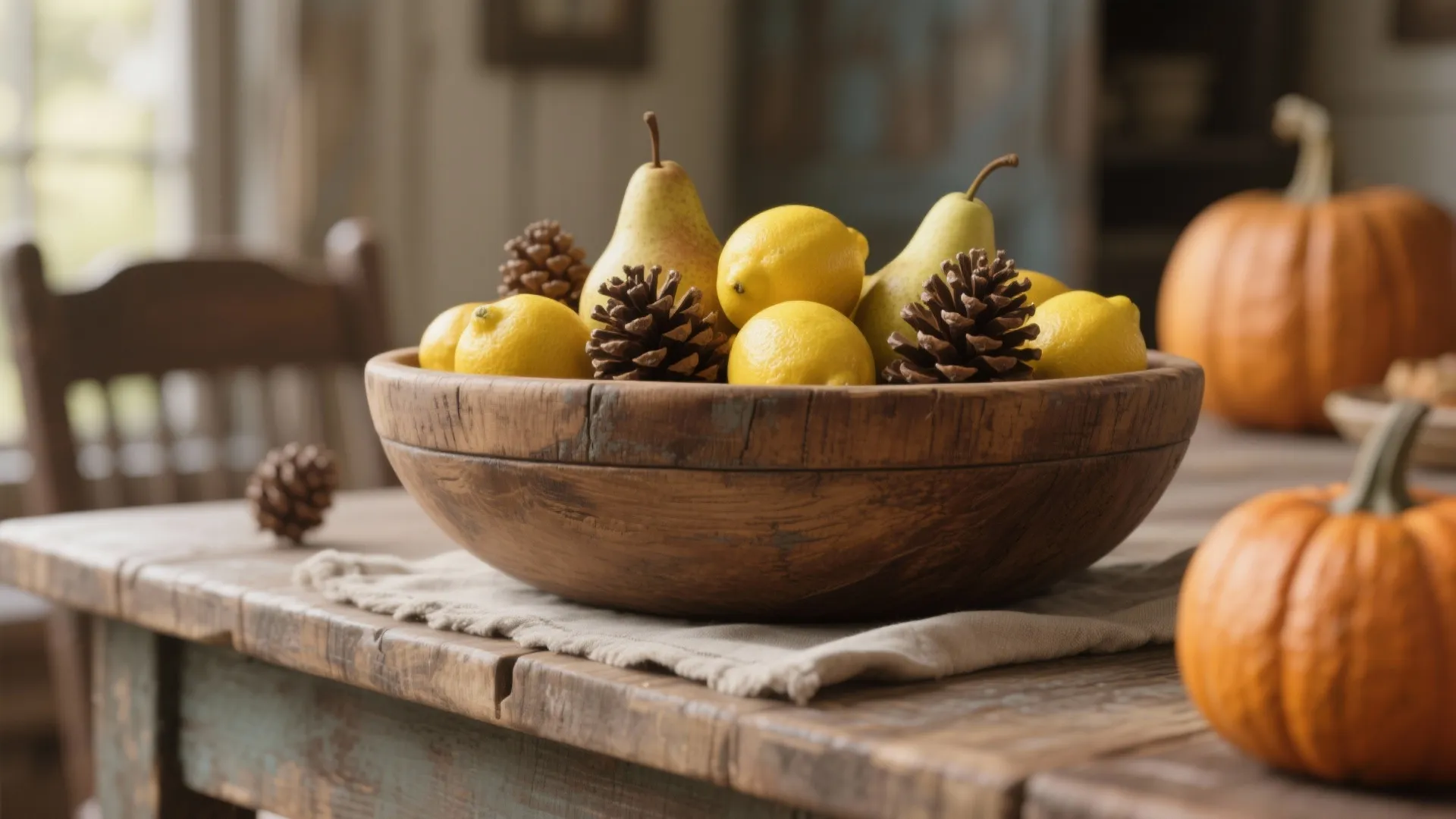 2. Weathered Wooden Bowl with Seasonal Finds